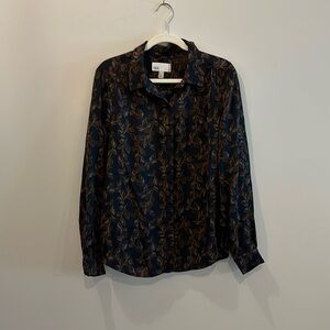 Nordstrom Navy Button-Down Shirt with Brown Leaf Print